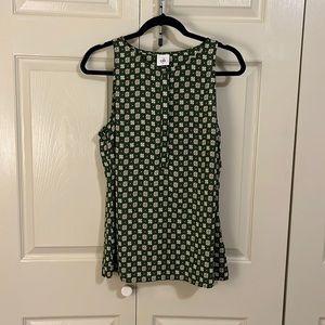 CAbi Style #3985 Snap Top Green/Cream Red Blouse Size Medium Sleeveless